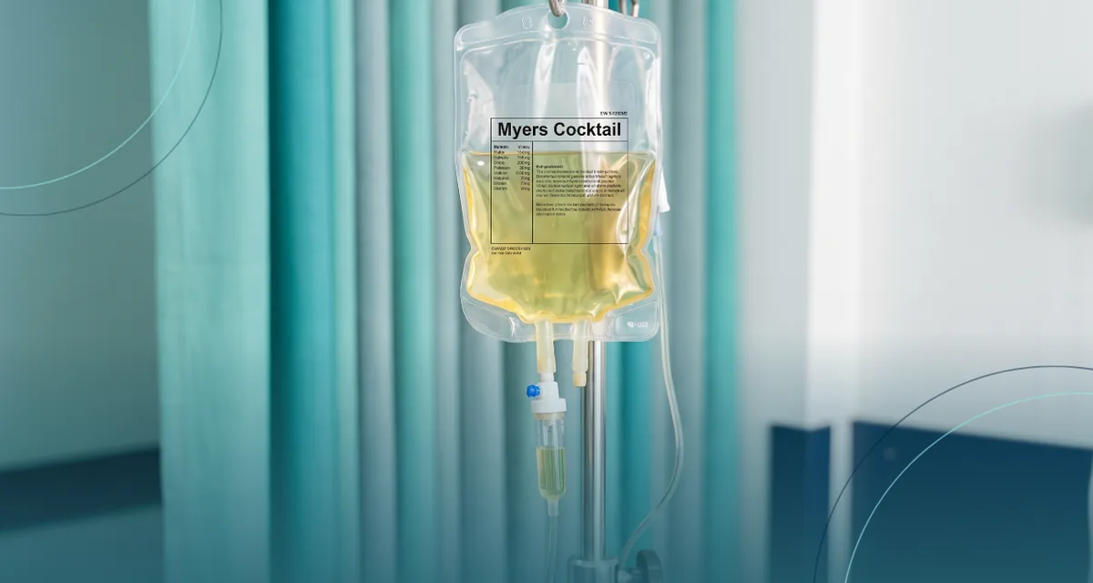 IV bag labeled Myers Cocktail hanging from an IV pole